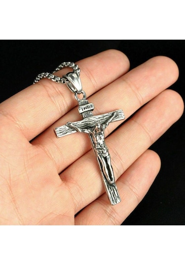 Altın Erkek Gümüş Paslanmaz Çelik İsa Mesih Haç Çapraz Kolye Kolye Zinciri
