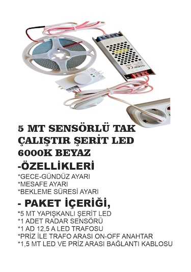 Mutfak Dolabı 360 Derece Hareket Algılama Sensörlü Şerit Led 5 Mt Beyaz