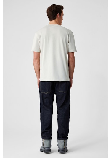 GRIMELANGE Solo Erkek %100 Organik Pamuklu Kalın Dokulu Comfort Fit Bisiklet Yakalı Açık Bej T-shirt Açık Bej