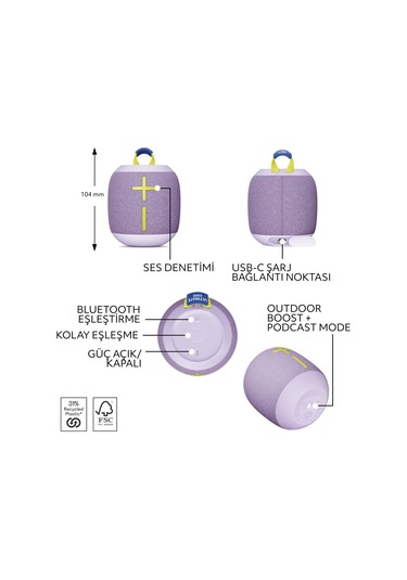 Ultimate Ears Wonderboom 4 Taşınabilir Su Geçirmez Bluetooth Hoparlör, Büyük Bas Ve 360 Derece Ses - Mor