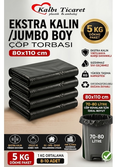 Ekstra Kalın Çöp Torbası 80x110 Cm Siyah Çöp Poşeti 5 Kg Dökme