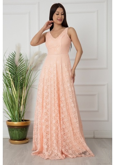 Kalopya V Yaka Dantel Uzun Abiye Elbise 13103 Pudra