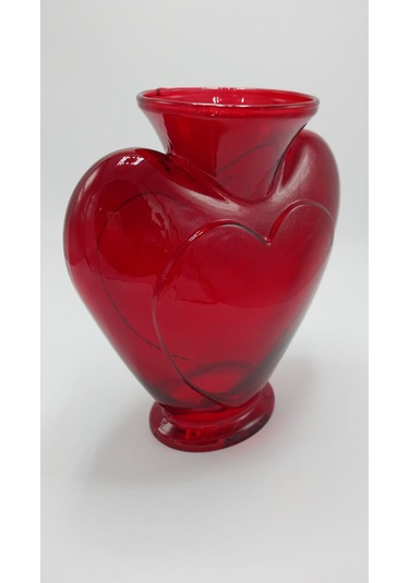 El Yapımı Cam Kalp Vazo Kırmızı Renk 23cm