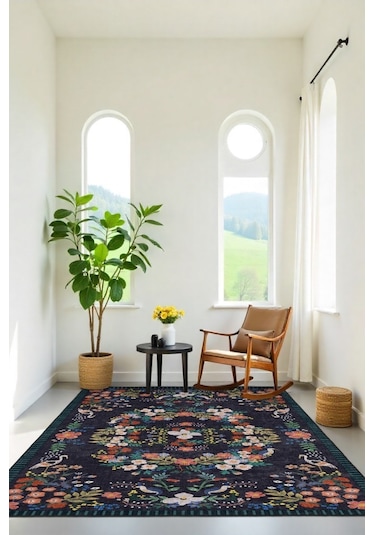 Her Adımda Bir Çiçek Her Desende Bir Kuş Sanatsal Kaymaz Taban Halı Renkli