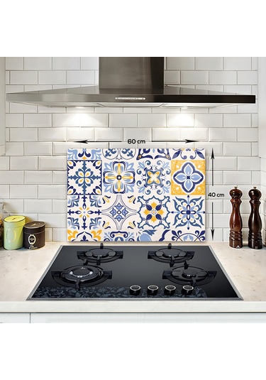 Decorita Mavi Çini Desen | Cam Ocak Arkası Koruyucu | 40cm x 60cm