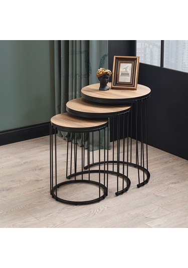 Siyah Metal Ayak Ceviz Üçlü Zigon Sehpa