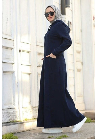 6463-Kapşonlu Denim Ferace Lacivert