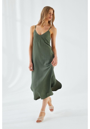 4252 Kadın İp Askılı V Yaka Elbise Haki Haki