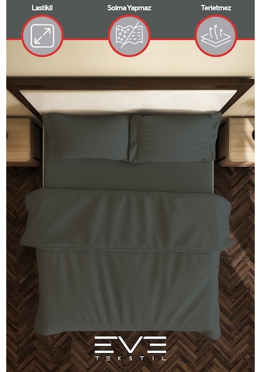 Eve Tekstil %100 Pamuk Ranforce Çarşaflı Yastık Ve Yorgan Kılıflı Çift Kişilik Nevresim Takımı 200x220 Cm Koyu Gri