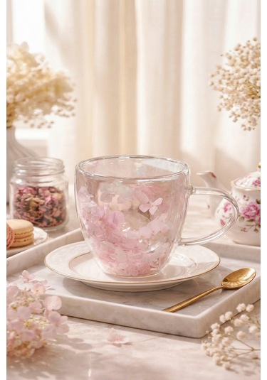 Makri Home Pembe Beyaz Çiçekli Çift Cidarlı Cam Kupa, 350 Ml, 11 Cm X 8 Cm Çok Renkli