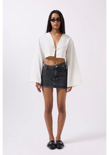 Asimetrik Bel Denim Mini Etek Siyah