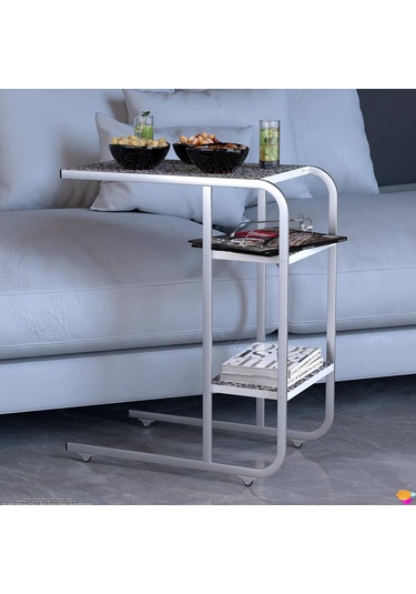 Modilayn C Yan Sehpa Dar Boy Tekerlekli Çalışma, Atıştırmalık, Yemek, Laptop Sehpası Siyah Desenli Siyah