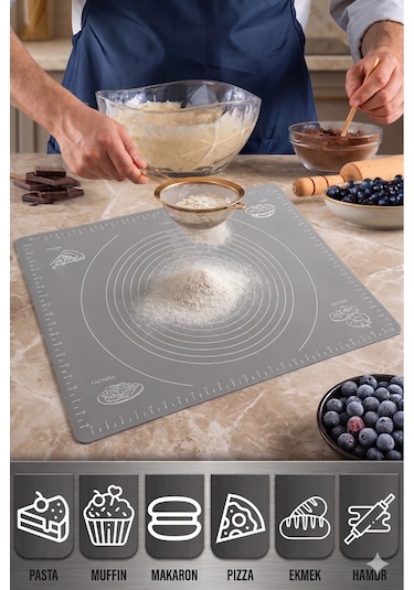 Gri Silikon Hamur Açma Matı Büyük Boy 50x40