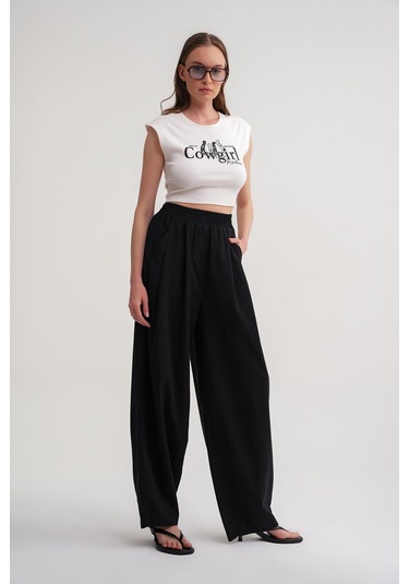 4682 Kadın Beli Lastikli Jogger Bol Keten Pantolon Siyah Siyah