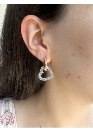 Taşlı Kalp Halka Küpe Altın