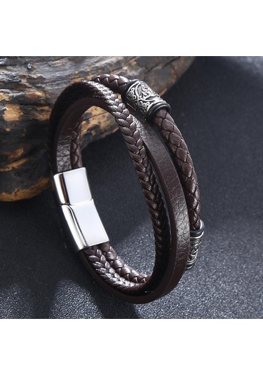 Erkek Kadın Çok Katmanlı Moda Örgülü Deri Bileklikler Paslanmaz Çelik Tokalı Kurukafa Bilezik Hediyeler Kahverengi