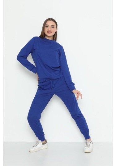 Kadın Bisiklet Yaka Pamuklu Uzun Kollu Pijama Takımı 28244 Saks