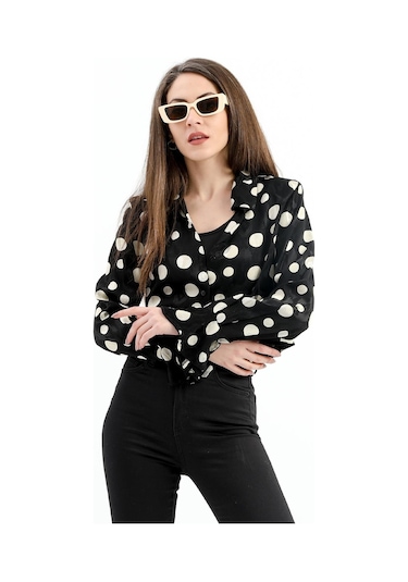 Omuzları Vatkalı Kolları Volanlı Puantiyeli Saten Gömlek - Siyah-ekru-siyah-ekru Siyah - Ekru