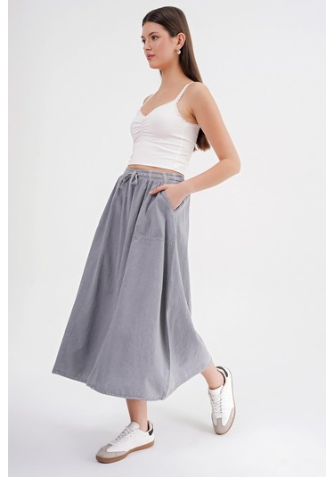 4633 Kadın Yandan Cepli Parçalı Etek Gri Gri