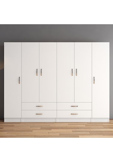tanmob 6 Kapılı Dört Çekmeceli Geniş Gardrop Beyaz- Grd0801
