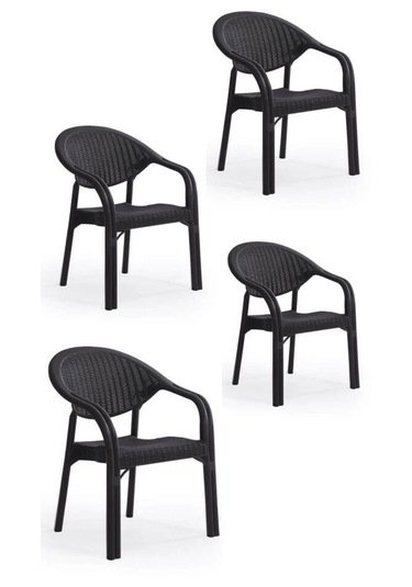 4'lü Set Bambu Pro Çift Ayak Rattan Desenli Kollu Sandalye Koltuk