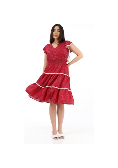 Schık Kadın Viskon Yarım Kol V Yaka Gipeli Elbise Bordo Bordo