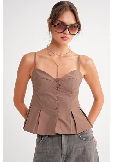 4737 Kadın Düğmeli Kuplu Pileli Bluz Moka Moka