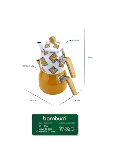 Bambum Unique - Bambu Kulplu Emaye Çaydanlık Takımı Hardal