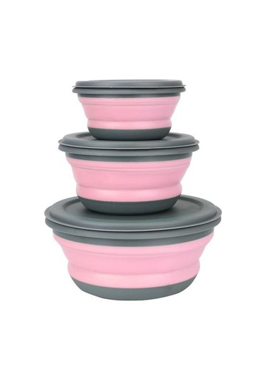 3 Adet / Takım Silikon Katlanır Öğle Yemeği Kutusu Kapaklı Taşınabilir Piknik Kamp Kase Set Mutfak Sofra Kiti Katlanabilir Meyve Salatası Kase Öğle Yemeği Kutuları Pembe 2