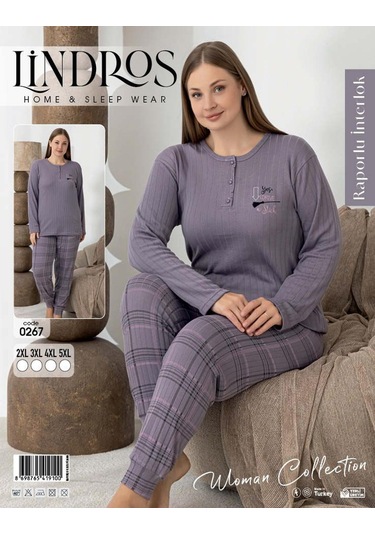Lindros Kadın Pamuk'lu Düğme Yaka Raporlu İnterlok Kışlık Battal Pijama Takımı 0267 - 1 Adet Füme