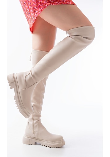 812-2194 Bej Fermuarlı Diz Üstü Bağcıklı Çorap Günlük Kadın Çizme Resimdeki Renk