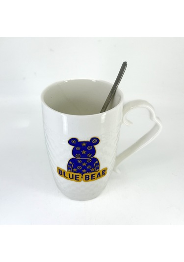 Porselen Kapaklı Mavi Ayıcık Desenli Porselen Kupa Bardak Beyaz