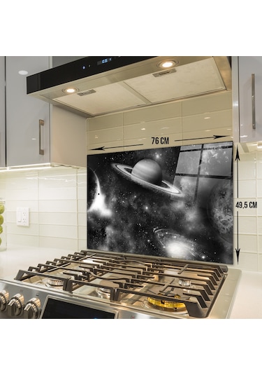 Decorita Cam Ocak Arkası Koruyucu Galaksi Desen Siyah - Beyaz Fon 49.5 x 76 CM