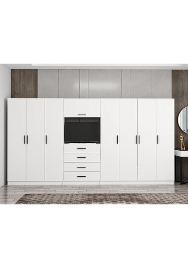 Kale 7 Kapaklı 8 Çekmeceli Tv Modüllü Dolap Beyaz 190cm Beyaz