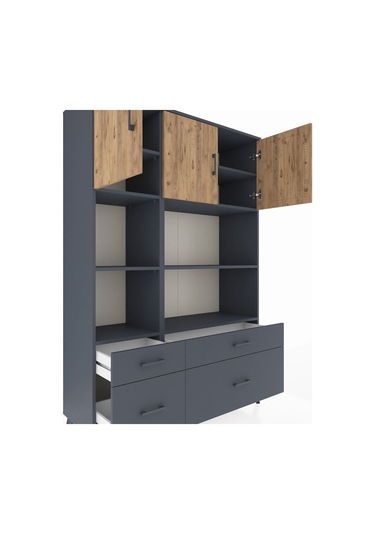 Hyperion Dolap 8 Raflı 4 Çekmeceli 3 Kapaklı 132x44x195 Antrasit-çam/antrasit Atlas Çam/antrasıt
