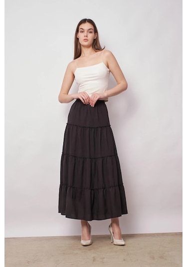 Kadın İç Göstermez Midi Boy Fırfırlı Beli Lastikli Etek -siyah Siyah