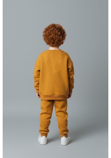 Unisex Çocuk Dikiş Detaylı 3 İplik Hardal Alt Üst Takım Hardal