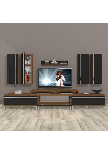Decoraktiv Ekoflex 8d Mdf Krom Ayaklı Tv Ünitesi Tv Sehpası Ceviz - Siyah