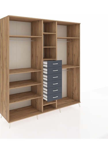 Kronos Dolap 10 Raflı 6 Çekmeceli 3 Askılı 220x59x243 Çam-çam/antrasit Atlas Çam/antrasıt