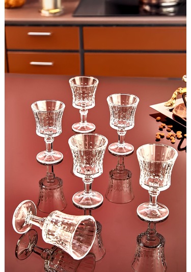 Modern Çizgili Desenli 6 Lı Ayaklı Cam Kahve Yanı Su Bardak Seti Takımı Şeffaf