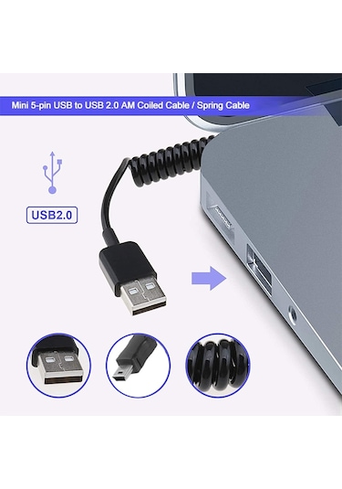 Sones Mini 5-pin Usb - Usb 2.0 Am Sarmal Kablo / Yaylı Kablo, Uzunluk: 25 Cm 80 Cm'ye Kadar Uzatılabilir Siyah
