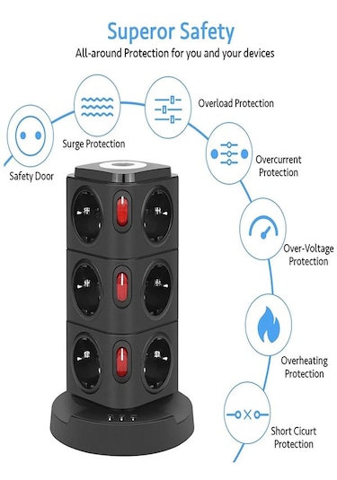 Kule Tipi 3xusb, 12'li Akım Korumalı Priz, Soket 10watt Wireless
