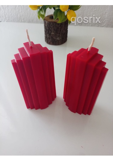 2'li Kırmızı Soya Doğal Vanilya Kokulu Sütun Geometrik Şekil Mum