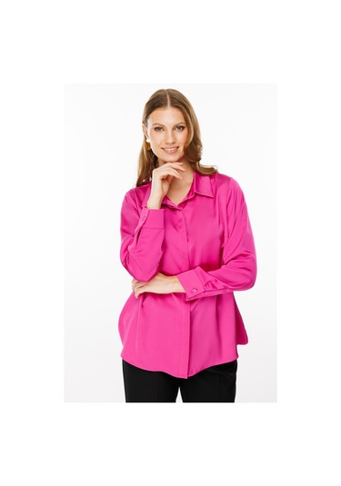 Ekol Kadın Büyük Beden Saten Gömlek 2579 Fuşya Fuşya