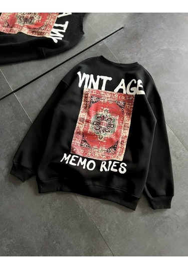 Bisiklet Yaka Üç İplik Baskılı Oversize Sweatshirt - Siyah Siyah