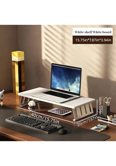 Motion003 Ergonomik Ahşap Monitör Standı Beyaz Stand Beyaz Tahta 40 Cm Laptop Yükseltici Büyük Çift Ekran Masa Rafı Ofis Ev Çalışma Alanı