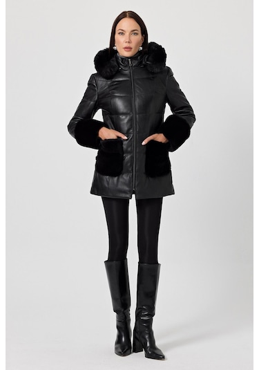 Natalina Siyah Deri Mont Siyah