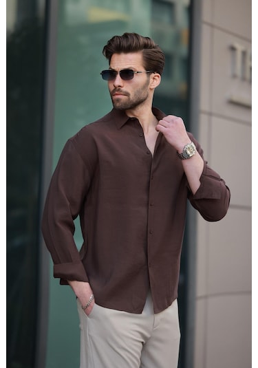 Madmext Kahverengi Basic Uzun Kollu Erkek Gömlek E6762 Kahverengi