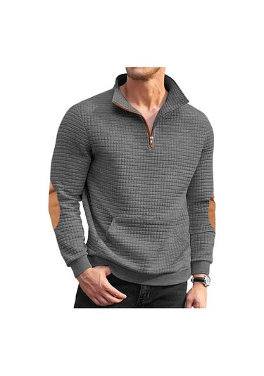 Amerikan Retro Gündelik Dik Yaka Fermuarlı Kazak Gevşek Örme Ağır Dikiş Jakarlı Sonbahar Ve Kış Uzun Kollu Kazak Koyu Gri