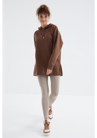 Kahverengi Reglan Kol Basic Kapüşonlu Oversize Sweatshirt Tunik - 97242 Kahverengi